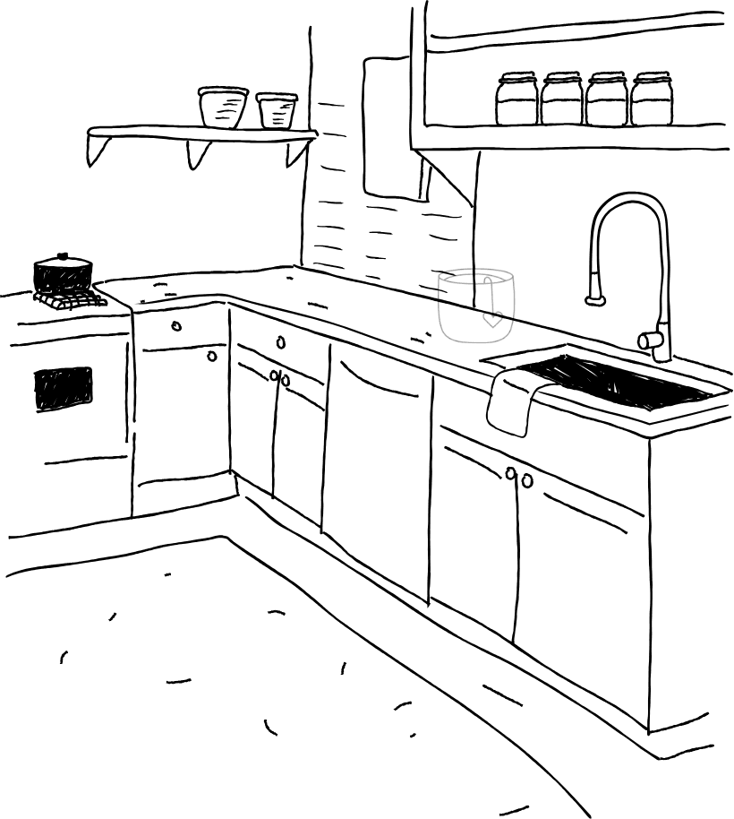 Illustration of a kitchen with labels
